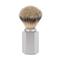 Shaving brush designed by Mark Braun, silvertip badger, handle anodised aluminum, silver 