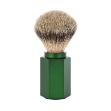 Shaving brush designed by Mark Braun, silvertip badger, handle anodised aluminum, forest
