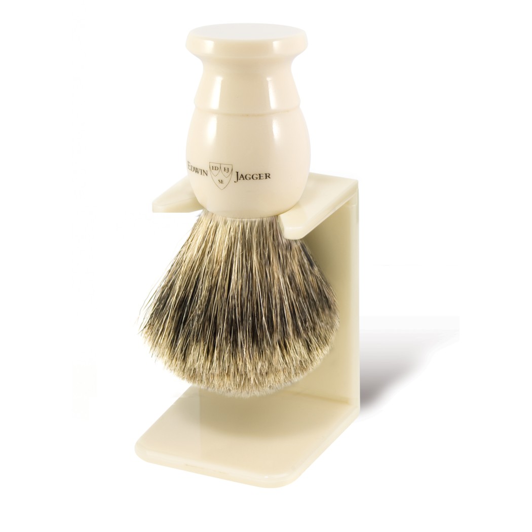 Edwin Jagger Imitation Ivory Best Badger Shaving Brush With Stand