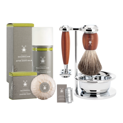 ПОДАРЪЧЕН КОМПЛЕКТ за бръснене MÜHLE VIVO (сливово дърво) + сапун + афтършейв + ножчета