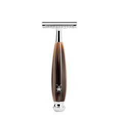 Safety razor from MÜHLE, closed comb, handle material high-grade resin horn brown 