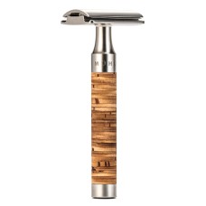 Safety razor from MÜHLE, closed foam edge, stainless steel, handle material birch bark 