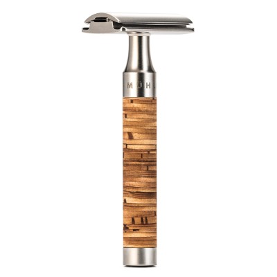 Safety razor from MÜHLE, closed foam edge, stainless steel, handle material birch bark 