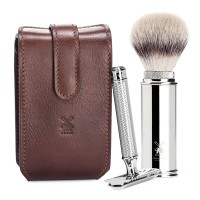 Travel shaving set from MÜHLE, Silvertip Fibre®, with safety razor, handle material metal, chrome-plated 