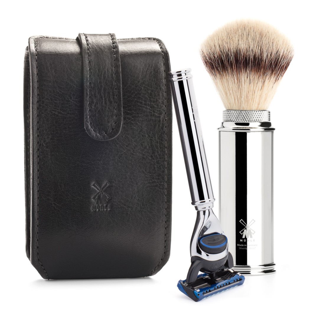 Set de bărbierit TRAVEL Travel de la MÜHLE, Silvertip Fibre®, cu Gillette® Fusion™ ™, material mâner metal, placat cu crom 