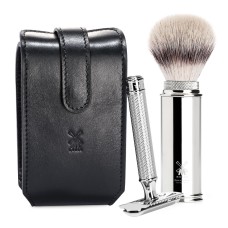 Travel shaving set from MÜHLE, Silvertip Fibre®, with safety razor, handle material metal, chrome-plated 