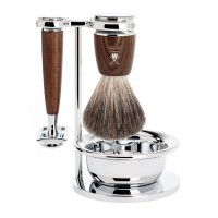 Комплект за бръснене MÜHLE RYTMO S 81 H 220 SSR, четка от язовец (Pure badger), класическа самобръсначка, дръжки от парен ясен, със стойка и купа