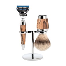 MÜHLE Shaving set, silvertip badger, with Gillette® Fusion™, handle material made of spalted beech 