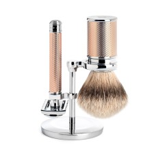 Shaving set from MÜHLE, silvertip badger, with safety razor, handle material chrome-rose gold plated metal 