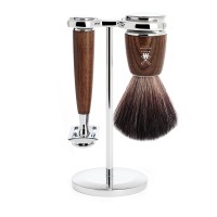 Shaving set of MÜHLE, Black Fibre, with safety razor, handle material made of steamed ash 