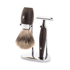 KOSMO Shaving set of MÜHLE, fine badger, with safety razor, handle material made of bog oak 