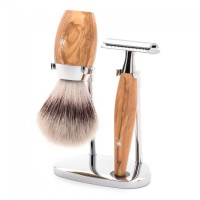 Shaving set of MÜHLE, Silvertip Fibre®, with safety razor, handle material olive wood 