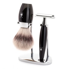 Shaving set of MÜHLE, Silvertip Fibre®, with safety razor, handle material made of high-grade resin black 