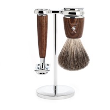  Shaving set of MÜHLE, pure badger, with safety razor, handle material made of steamed ash