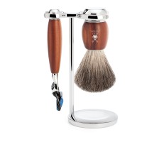 Shaving set of MÜHLE, pure badger, with safety razor, handle material made of plum wood 