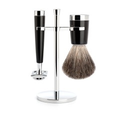 Shaving set of MÜHLE, pure badger, with safety razor, handle material made of high-grade resin black 