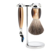 Shaving set of MÜHLE, pure badger, with Gillette® Fusion™, handle material made of high-grade resin horn brown 