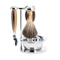 Shaving set of MÜHLE, pure badger, with Gillette® Fusion™, handle material made of high-grade resin horn brown