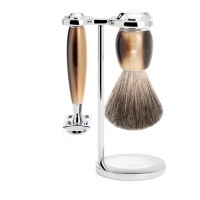 Shaving set of MÜHLE, pure badger, with safety razor, handle material made of high-grade resin horn brown 