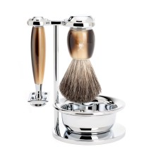 VIVO Shaving set of MÜHLE, pure badger, with safety razor, handle material made of high-grade resin horn brown 