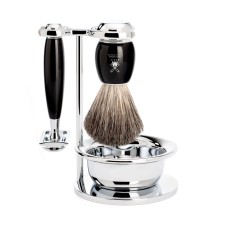 Shaving set of MÜHLE, pure badger, with safety razor, handle material made of high-grade resin black 