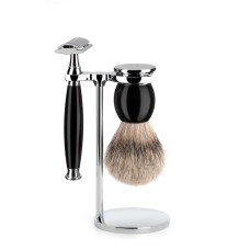 Shaving set of MÜHLE, silvertip badger, with safety razor, handle material made of high-grade resin black 