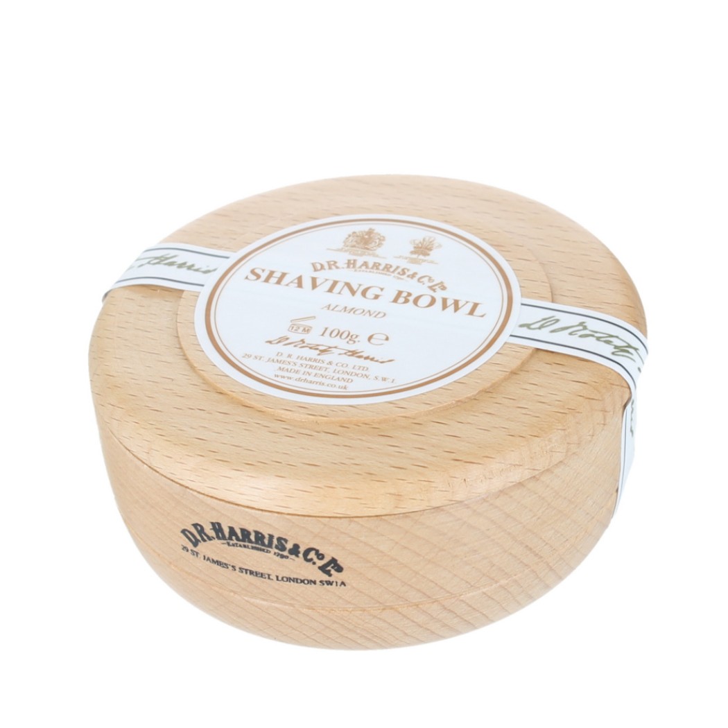 D. R. Harris Almond shaving soap in wooden bowl