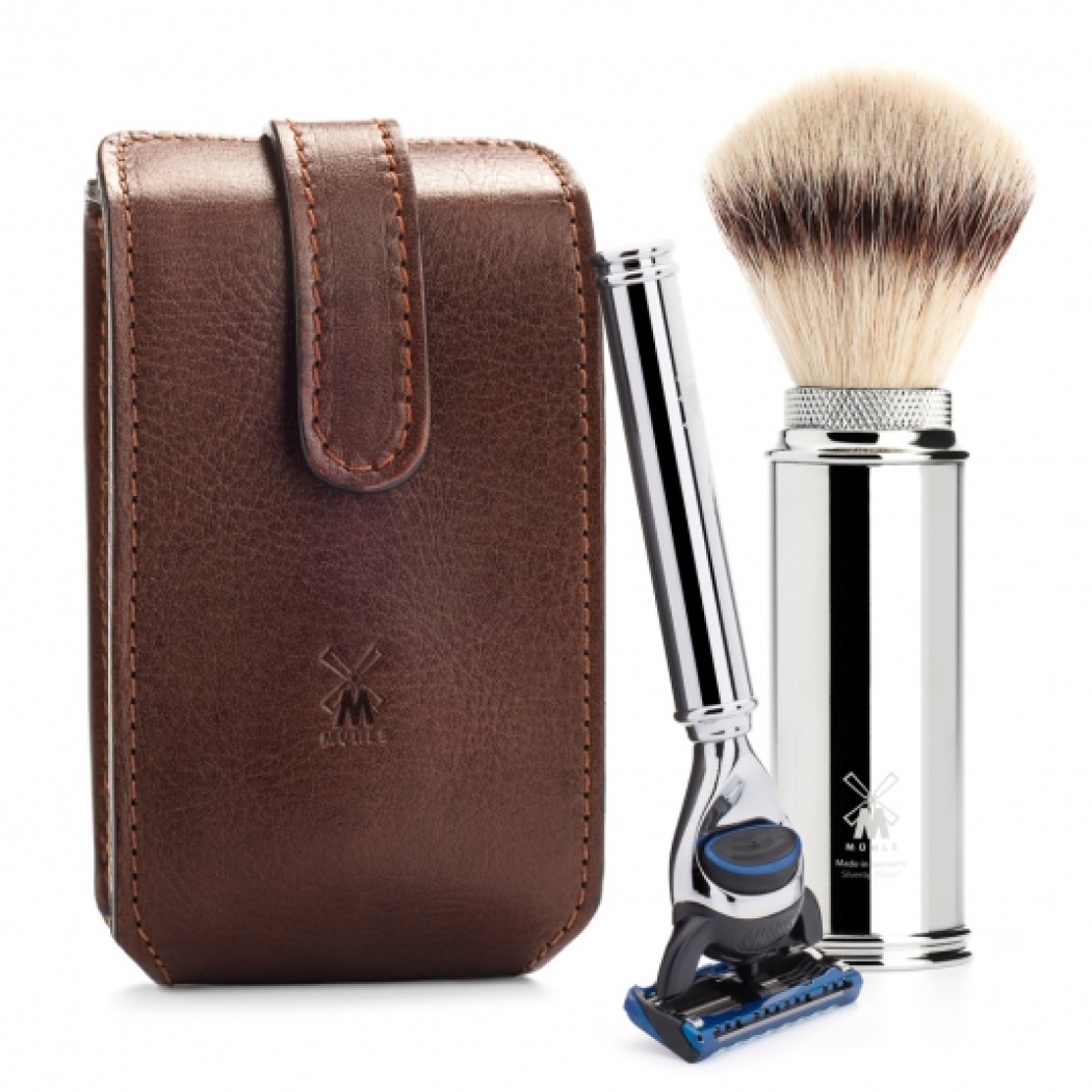 Set de bărbierit TRAVEL Travel de la MÜHLE, Silvertip Fibre®, cu Gillette® Fusion™ ™, material mâner metal, placat cu crom 