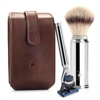 TRAVEL Travel shaving set from MÜHLE, Silvertip Fibre®, with Gillette® Fusion™ ™, handle material metal, chrome-plated 