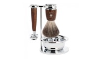 Shaving set of MÜHLE, pure badger, with safety razor, handle material made of steamed ash 