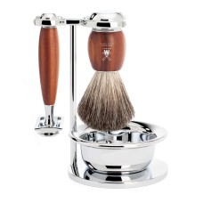 Shaving set of MÜHLE, pure badger, with safety razor, handle material made of plum wood 