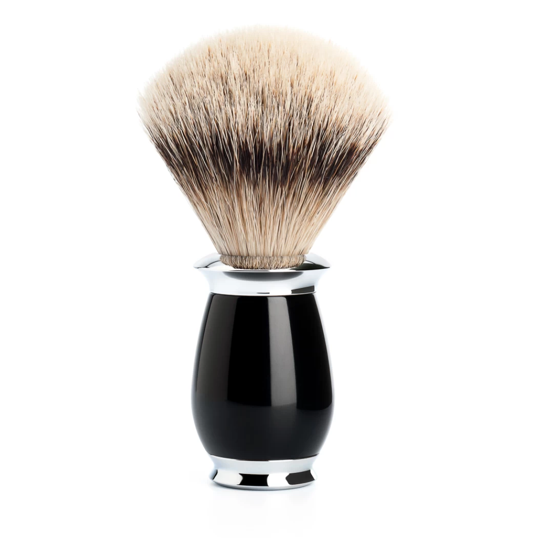Четка за бръснене MÜHLE, естествен косъм от язовец (Silvertip badger), дръжка от висококачествена смола, цвят черен, PURIST