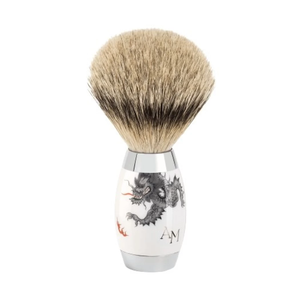 Perie de bărbierit MÜHLE individualizată cu monogramă personală, bursuc cu vârf argintiu, material pentru mâner Porțelan Meissen 