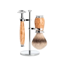 Set de bărbierit MÜHLE, din păr de bursuc argintiu, cu aparat de ras de siguranță, mâner din lemn de mesteacăn masur din Karelia, PURIST
